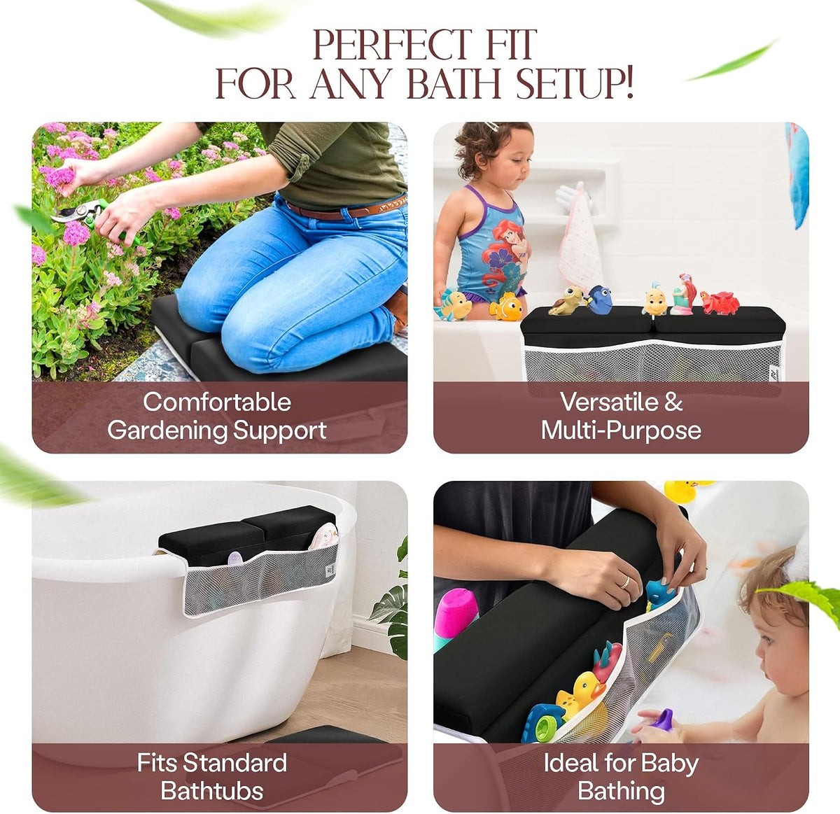 Comfortable Baby Bath Kneeler and Elbow Rest Pad Set — Kneeling Pad for Bathing Baby, Relieves Knee and Elbow Pain, Non-Slip Bathtub Kneeling Pad with Toy Organizer, Bonus Brush and Washcloth