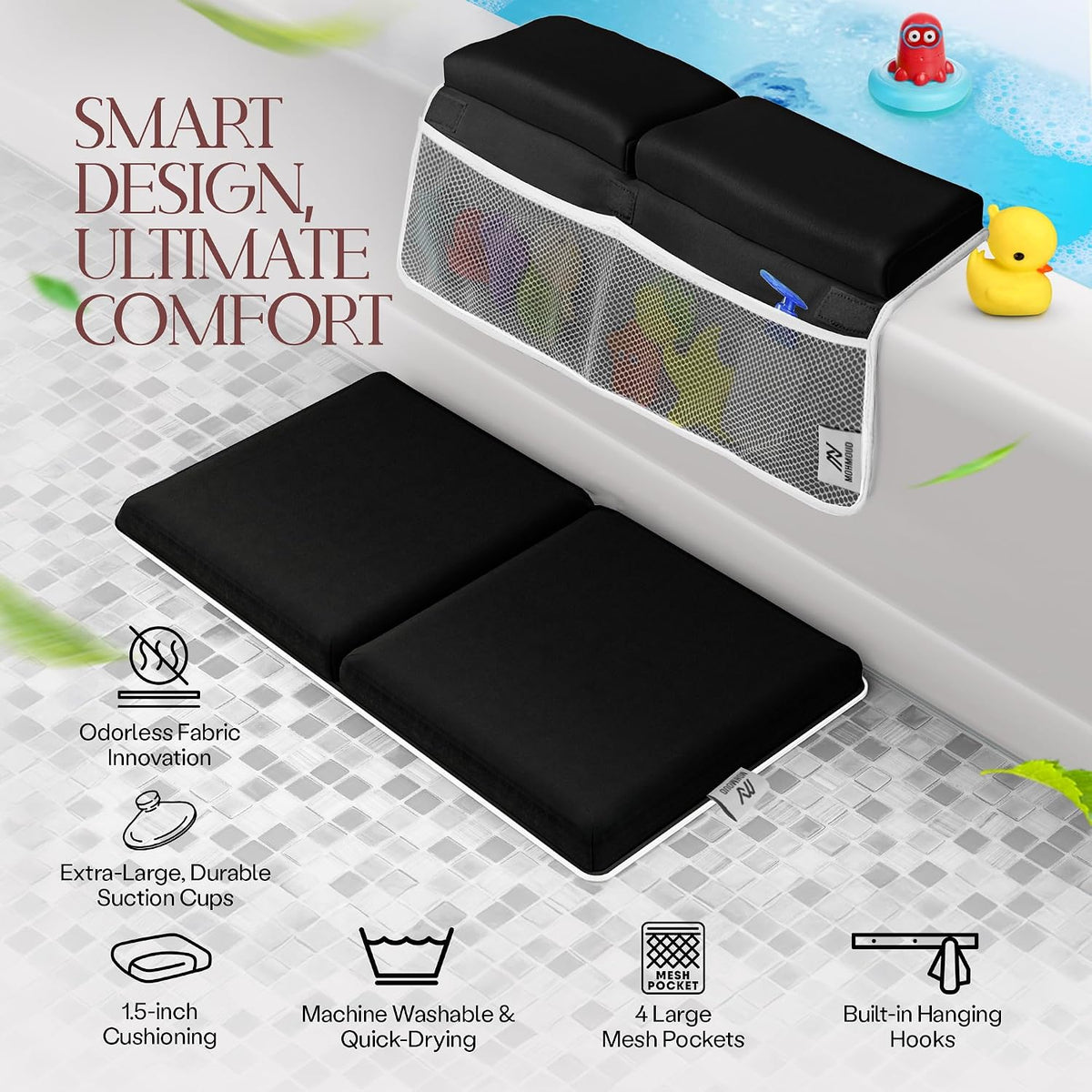 Comfortable Baby Bath Kneeler and Elbow Rest Pad Set — Kneeling Pad for Bathing Baby, Relieves Knee and Elbow Pain, Non-Slip Bathtub Kneeling Pad with Toy Organizer, Bonus Brush and Washcloth