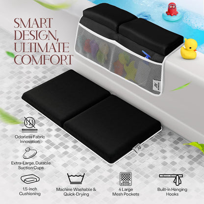 Comfortable Baby Bath Kneeler and Elbow Rest Pad Set — Kneeling Pad for Bathing Baby, Relieves Knee and Elbow Pain, Non-Slip Bathtub Kneeling Pad with Toy Organizer, Bonus Brush and Washcloth