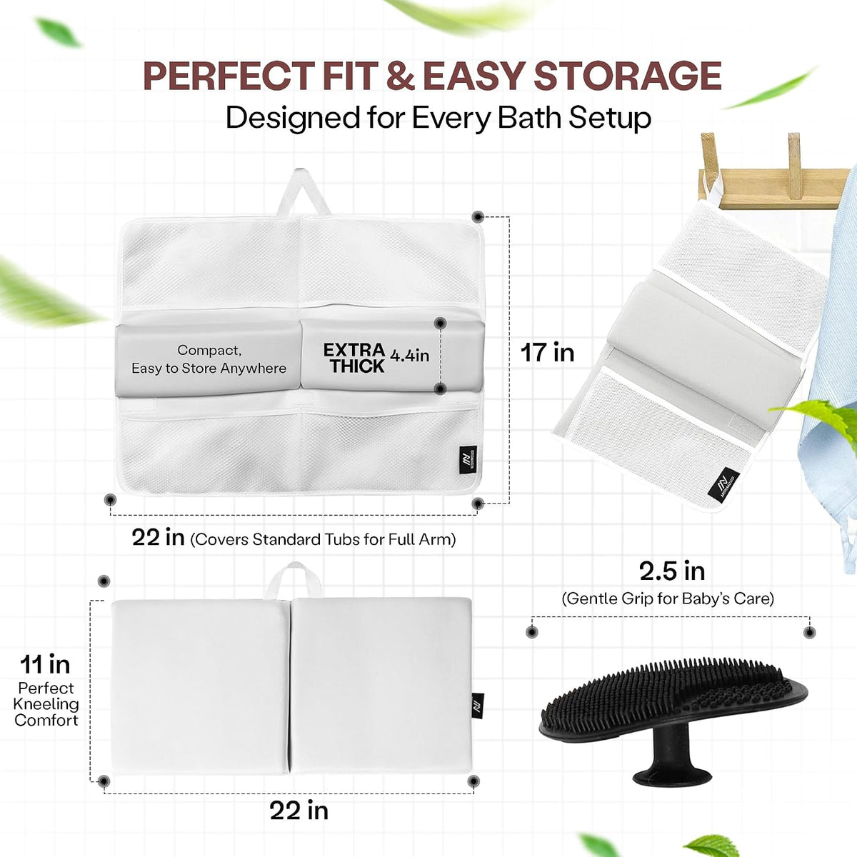Comfortable Baby Bath Kneeler and Elbow Rest Pad Set — Kneeling Pad for Bathing Baby, Relieves Knee and Elbow Pain, Non-Slip Bathtub Kneeling Pad with Toy Organizer, Bonus Brush and Washcloth