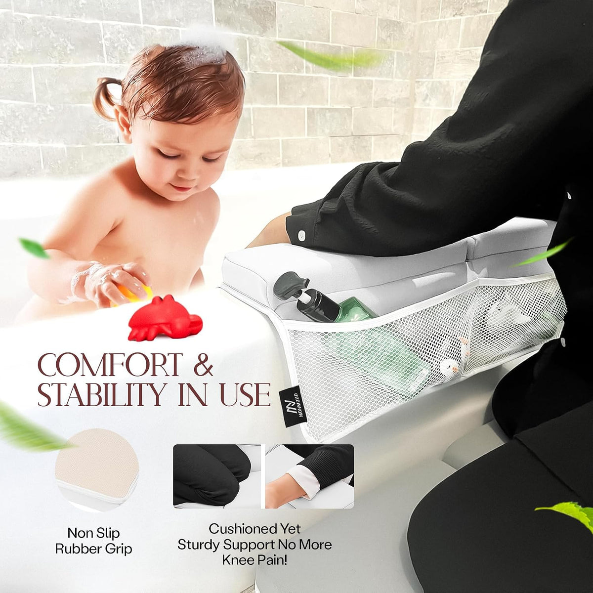 Comfortable Baby Bath Kneeler and Elbow Rest Pad Set — Kneeling Pad for Bathing Baby, Relieves Knee and Elbow Pain, Non-Slip Bathtub Kneeling Pad with Toy Organizer, Bonus Brush and Washcloth