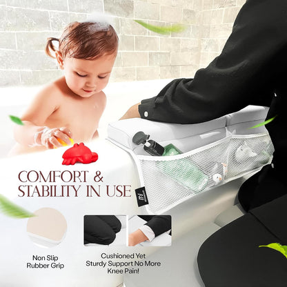 Comfortable Baby Bath Kneeler and Elbow Rest Pad Set — Kneeling Pad for Bathing Baby, Relieves Knee and Elbow Pain, Non-Slip Bathtub Kneeling Pad with Toy Organizer, Bonus Brush and Washcloth