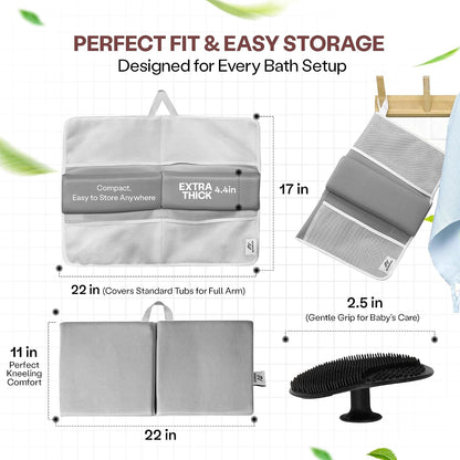 Comfortable Baby Bath Kneeler and Elbow Rest Pad Set — Kneeling Pad for Bathing Baby, Relieves Knee and Elbow Pain, Non-Slip Bathtub Kneeling Pad with Toy Organizer, Bonus Brush and Washcloth