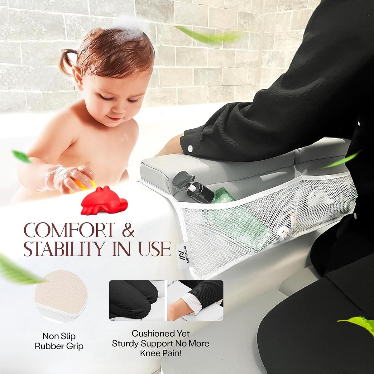 Comfortable Baby Bath Kneeler and Elbow Rest Pad Set — Kneeling Pad for Bathing Baby, Relieves Knee and Elbow Pain, Non-Slip Bathtub Kneeling Pad with Toy Organizer, Bonus Brush and Washcloth