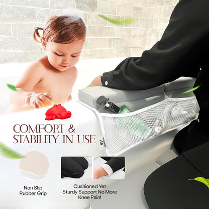 Comfortable Baby Bath Kneeler and Elbow Rest Pad Set — Kneeling Pad for Bathing Baby, Relieves Knee and Elbow Pain, Non-Slip Bathtub Kneeling Pad with Toy Organizer, Bonus Brush and Washcloth