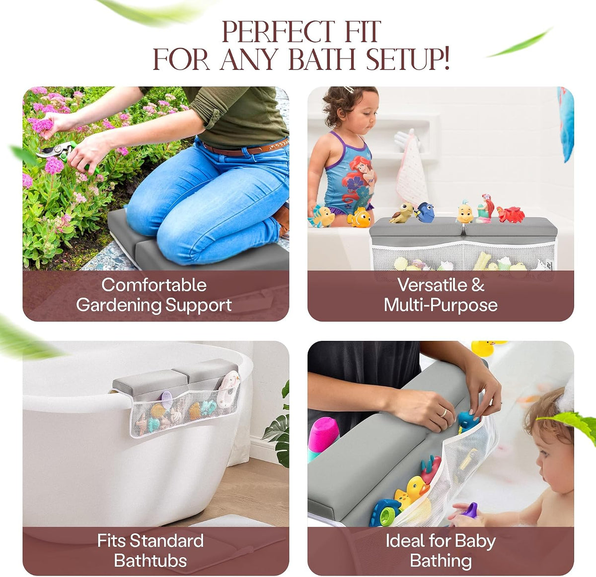 Comfortable Baby Bath Kneeler and Elbow Rest Pad Set — Kneeling Pad for Bathing Baby, Relieves Knee and Elbow Pain, Non-Slip Bathtub Kneeling Pad with Toy Organizer, Bonus Brush and Washcloth