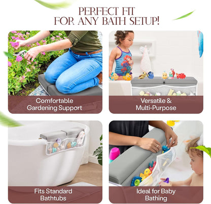 Comfortable Baby Bath Kneeler and Elbow Rest Pad Set — Kneeling Pad for Bathing Baby, Relieves Knee and Elbow Pain, Non-Slip Bathtub Kneeling Pad with Toy Organizer, Bonus Brush and Washcloth