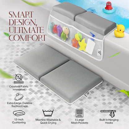 Comfortable Baby Bath Kneeler and Elbow Rest Pad Set — Kneeling Pad for Bathing Baby, Relieves Knee and Elbow Pain, Non-Slip Bathtub Kneeling Pad with Toy Organizer, Bonus Brush and Washcloth