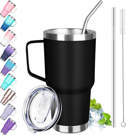 30 oz Tumbler with Handle, Stainless Steel Insulated Tumbler with Lid and Straw, Double Wall Vacuum Coffee Mug Tumbler, Insulated Coffee Thermal Cup for Cold and Hot (Fruit Green)