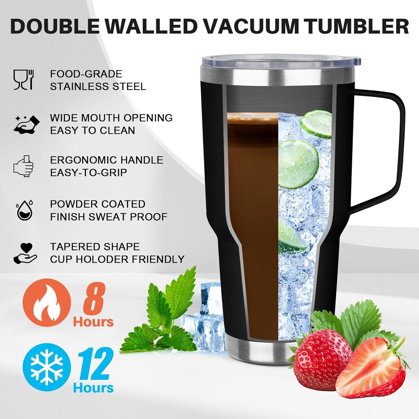 30 oz Tumbler with Handle, Stainless Steel Insulated Tumbler with Lid and Straw, Double Wall Vacuum Coffee Mug Tumbler, Insulated Coffee Thermal Cup for Cold and Hot (Fruit Green)