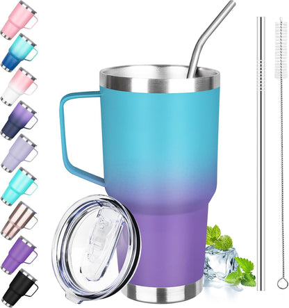 30 oz Tumbler with Handle, Stainless Steel Insulated Tumbler with Lid and Straw, Double Wall Vacuum Coffee Mug Tumbler, Insulated Coffee Thermal Cup for Cold and Hot (Fruit Green)