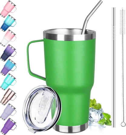 30 oz Tumbler with Handle, Stainless Steel Insulated Tumbler with Lid and Straw, Double Wall Vacuum Coffee Mug Tumbler, Insulated Coffee Thermal Cup for Cold and Hot (Fruit Green)
