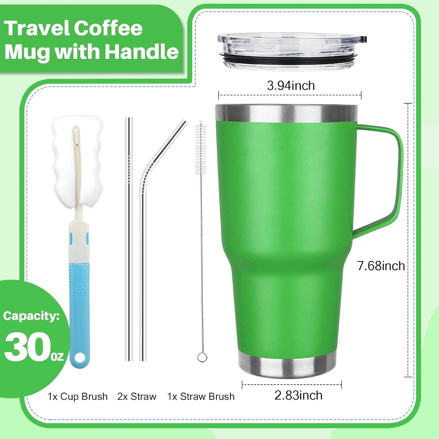 30 oz Tumbler with Handle, Stainless Steel Insulated Tumbler with Lid and Straw, Double Wall Vacuum Coffee Mug Tumbler, Insulated Coffee Thermal Cup for Cold and Hot (Fruit Green)