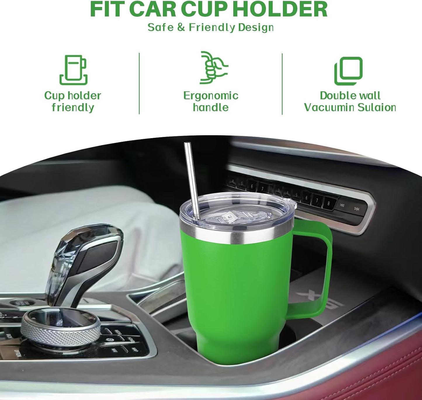 30 oz Tumbler with Handle, Stainless Steel Insulated Tumbler with Lid and Straw, Double Wall Vacuum Coffee Mug Tumbler, Insulated Coffee Thermal Cup for Cold and Hot (Fruit Green)
