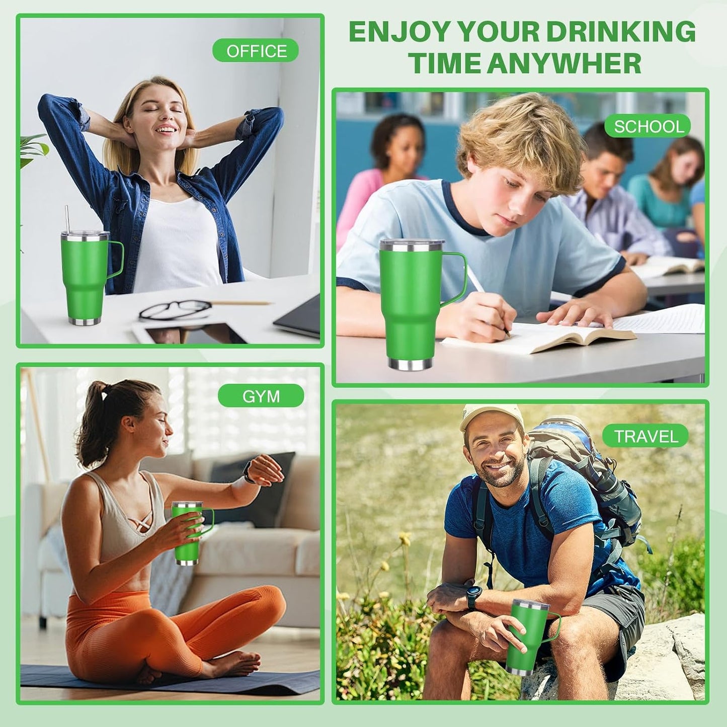 30 oz Tumbler with Handle, Stainless Steel Insulated Tumbler with Lid and Straw, Double Wall Vacuum Coffee Mug Tumbler, Insulated Coffee Thermal Cup for Cold and Hot (Fruit Green)