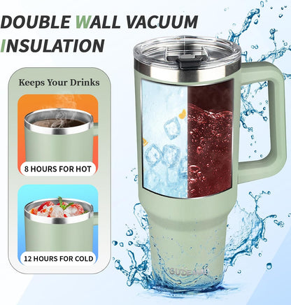 30 oz Tumbler with Handle, Stainless Steel Insulated Tumbler with Lid and Straw, Double Wall Vacuum Coffee Mug Tumbler, Insulated Coffee Thermal Cup for Cold and Hot (Fruit Green)