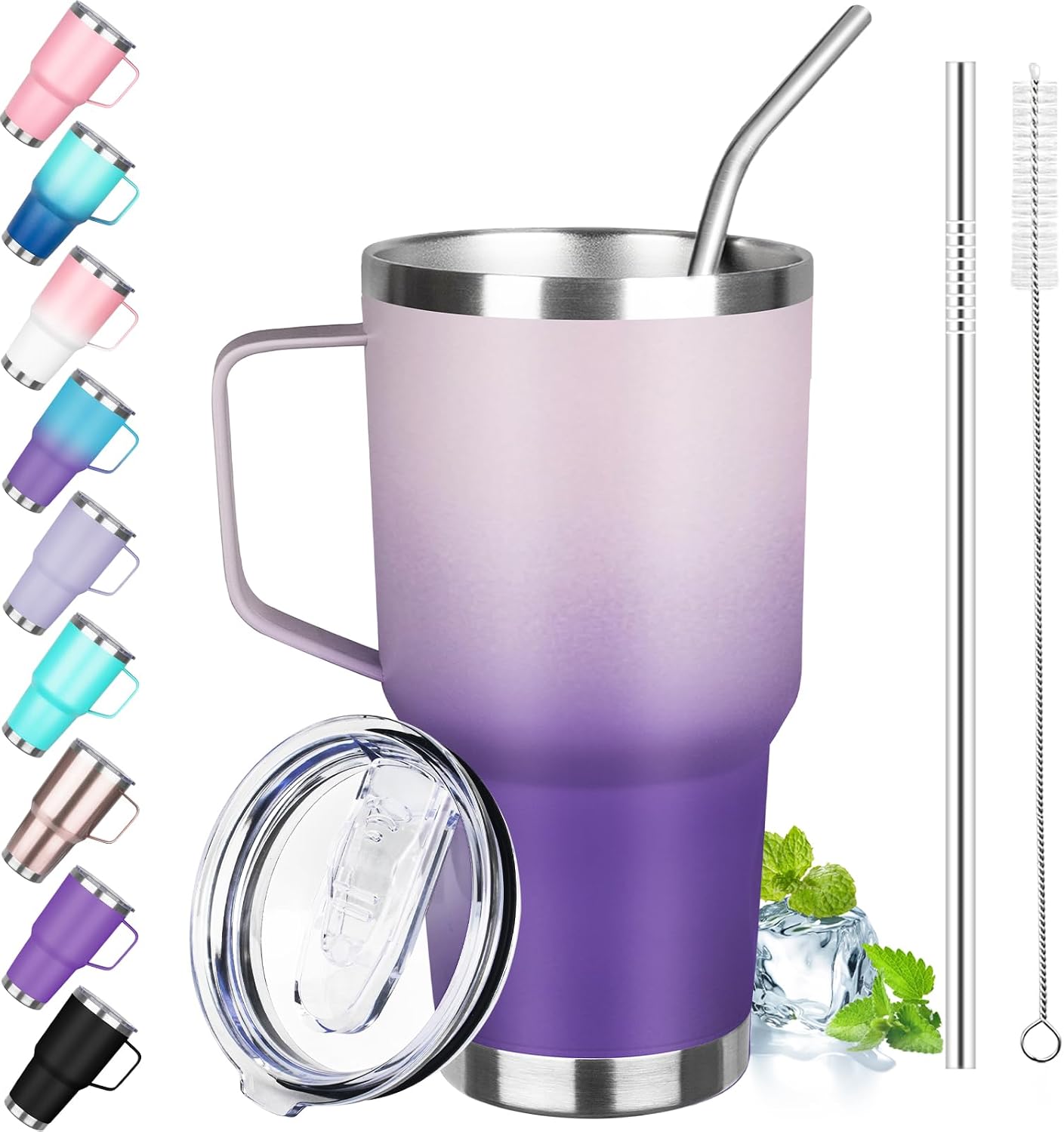 30 oz Tumbler with Handle, Stainless Steel Insulated Tumbler with Lid and Straw, Double Wall Vacuum Coffee Mug Tumbler, Insulated Coffee Thermal Cup for Cold and Hot (Fruit Green)
