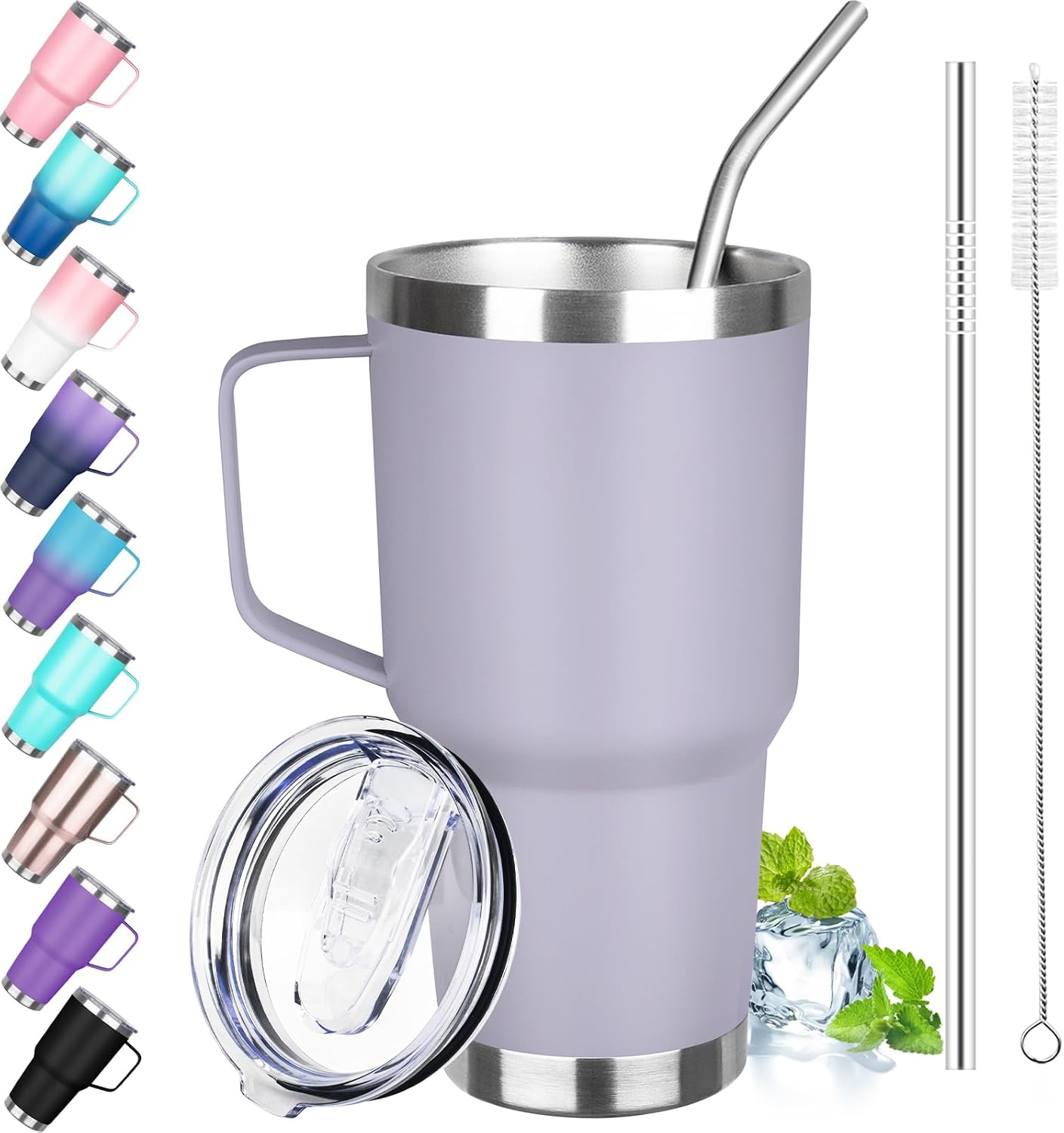 30 oz Tumbler with Handle, Stainless Steel Insulated Tumbler with Lid and Straw, Double Wall Vacuum Coffee Mug Tumbler, Insulated Coffee Thermal Cup for Cold and Hot (Fruit Green)