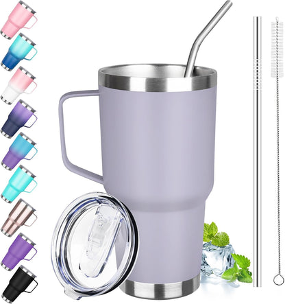 30 oz Tumbler with Handle, Stainless Steel Insulated Tumbler with Lid and Straw, Double Wall Vacuum Coffee Mug Tumbler, Insulated Coffee Thermal Cup for Cold and Hot (Fruit Green)