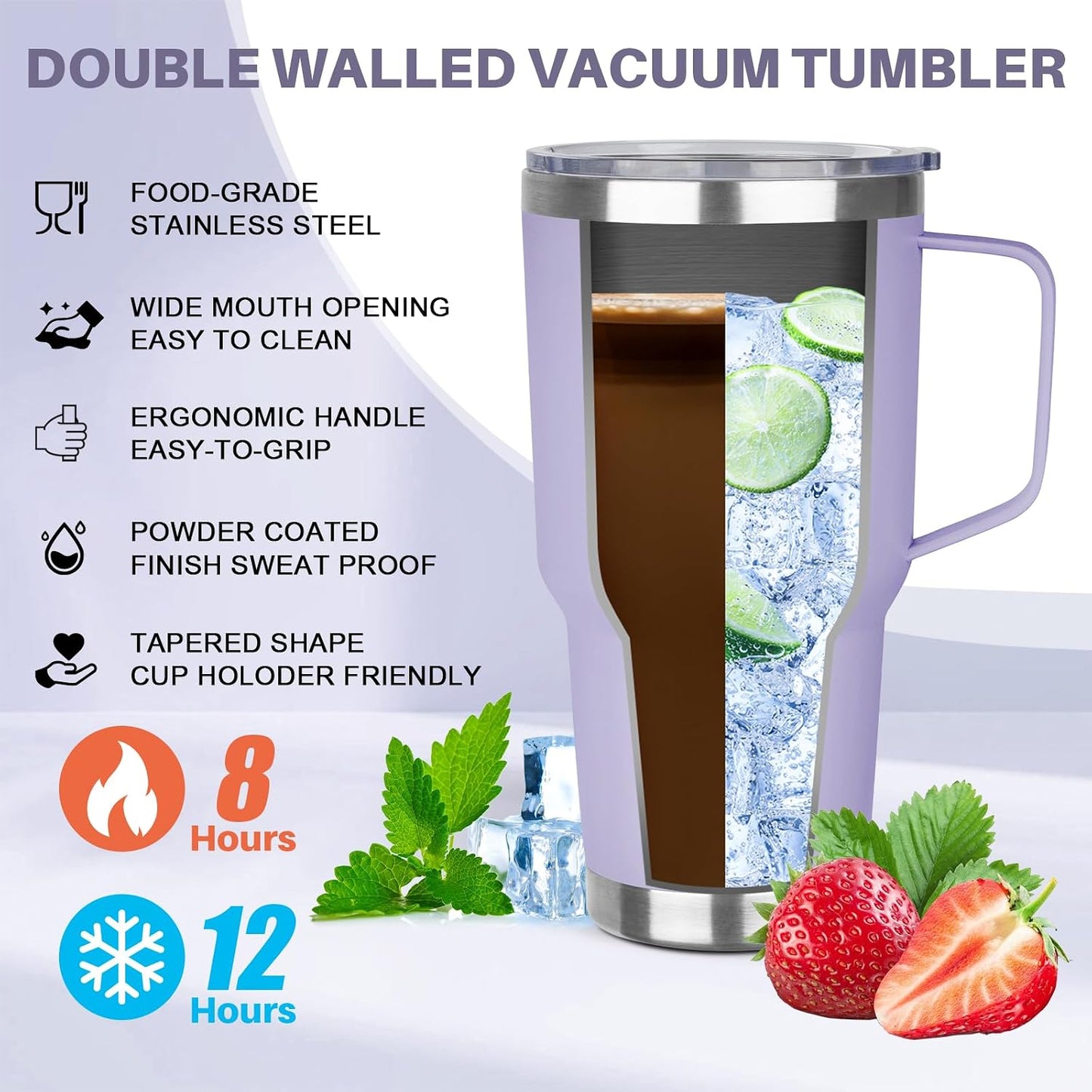 30 oz Tumbler with Handle, Stainless Steel Insulated Tumbler with Lid and Straw, Double Wall Vacuum Coffee Mug Tumbler, Insulated Coffee Thermal Cup for Cold and Hot (Fruit Green)