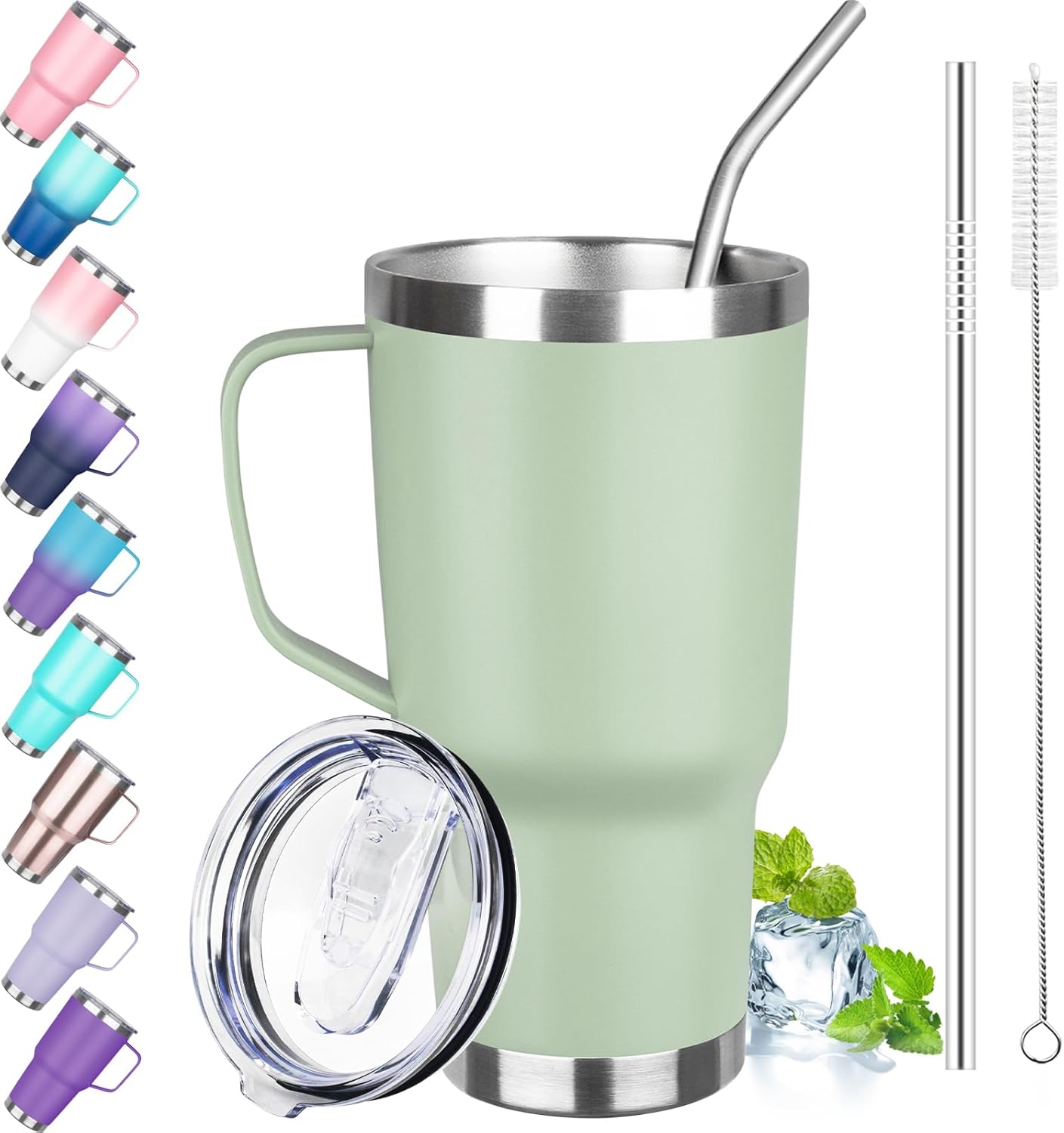 30 oz Tumbler with Handle, Stainless Steel Insulated Tumbler with Lid and Straw, Double Wall Vacuum Coffee Mug Tumbler, Insulated Coffee Thermal Cup for Cold and Hot (Fruit Green)