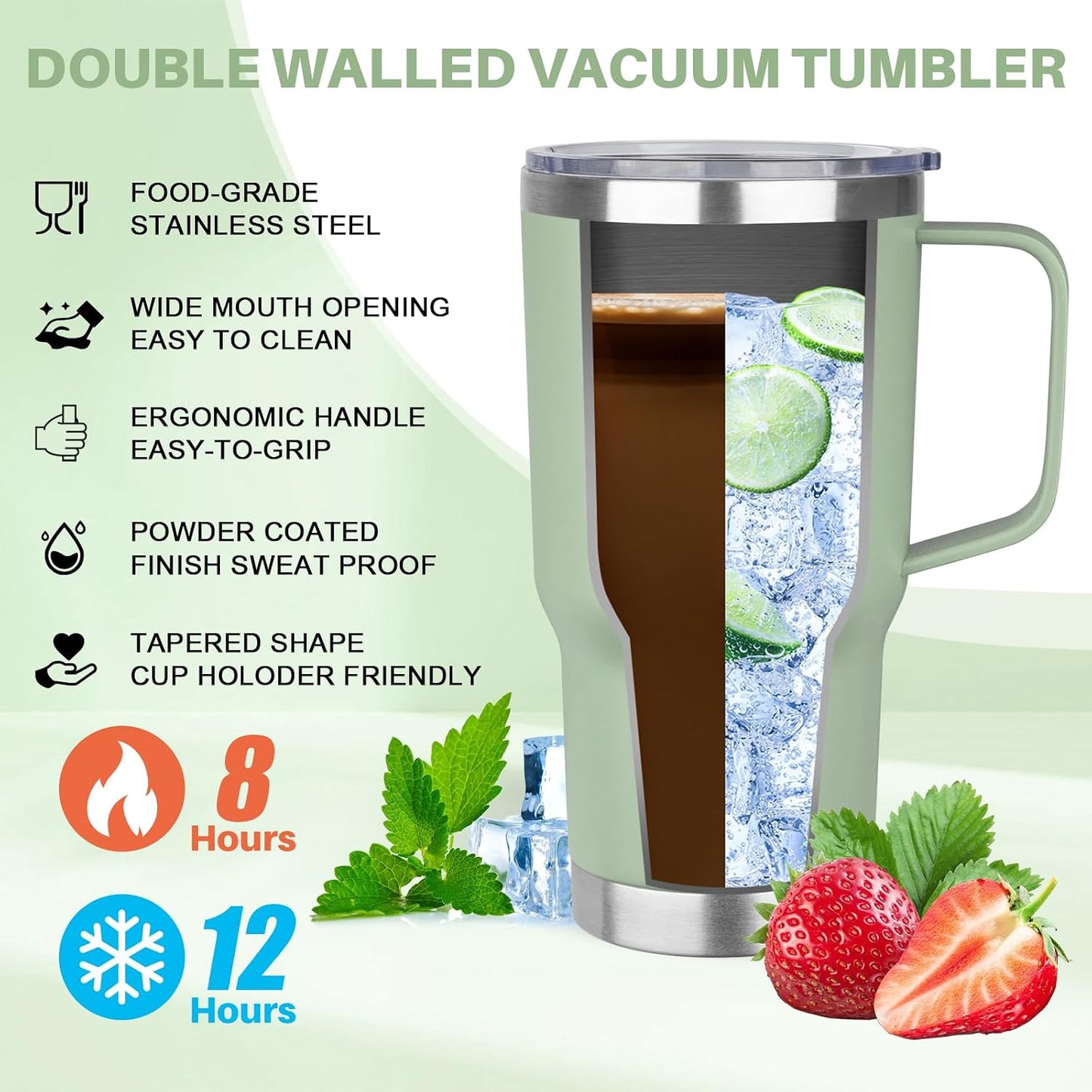 30 oz Tumbler with Handle, Stainless Steel Insulated Tumbler with Lid and Straw, Double Wall Vacuum Coffee Mug Tumbler, Insulated Coffee Thermal Cup for Cold and Hot (Fruit Green)