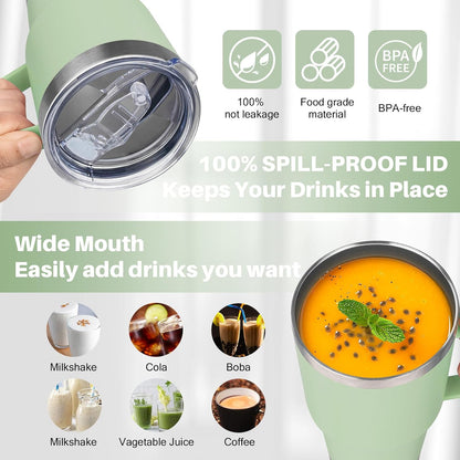 30 oz Tumbler with Handle, Stainless Steel Insulated Tumbler with Lid and Straw, Double Wall Vacuum Coffee Mug Tumbler, Insulated Coffee Thermal Cup for Cold and Hot (Fruit Green)