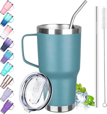 30 oz Tumbler with Handle, Stainless Steel Insulated Tumbler with Lid and Straw, Double Wall Vacuum Coffee Mug Tumbler, Insulated Coffee Thermal Cup for Cold and Hot (Fruit Green)
