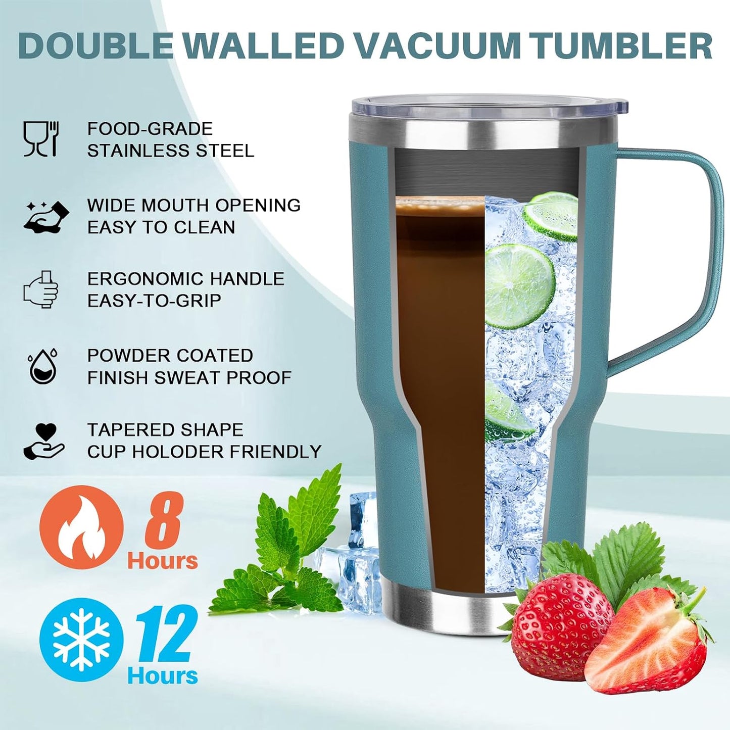 30 oz Tumbler with Handle, Stainless Steel Insulated Tumbler with Lid and Straw, Double Wall Vacuum Coffee Mug Tumbler, Insulated Coffee Thermal Cup for Cold and Hot (Fruit Green)