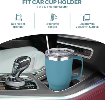 30 oz Tumbler with Handle, Stainless Steel Insulated Tumbler with Lid and Straw, Double Wall Vacuum Coffee Mug Tumbler, Insulated Coffee Thermal Cup for Cold and Hot (Fruit Green)