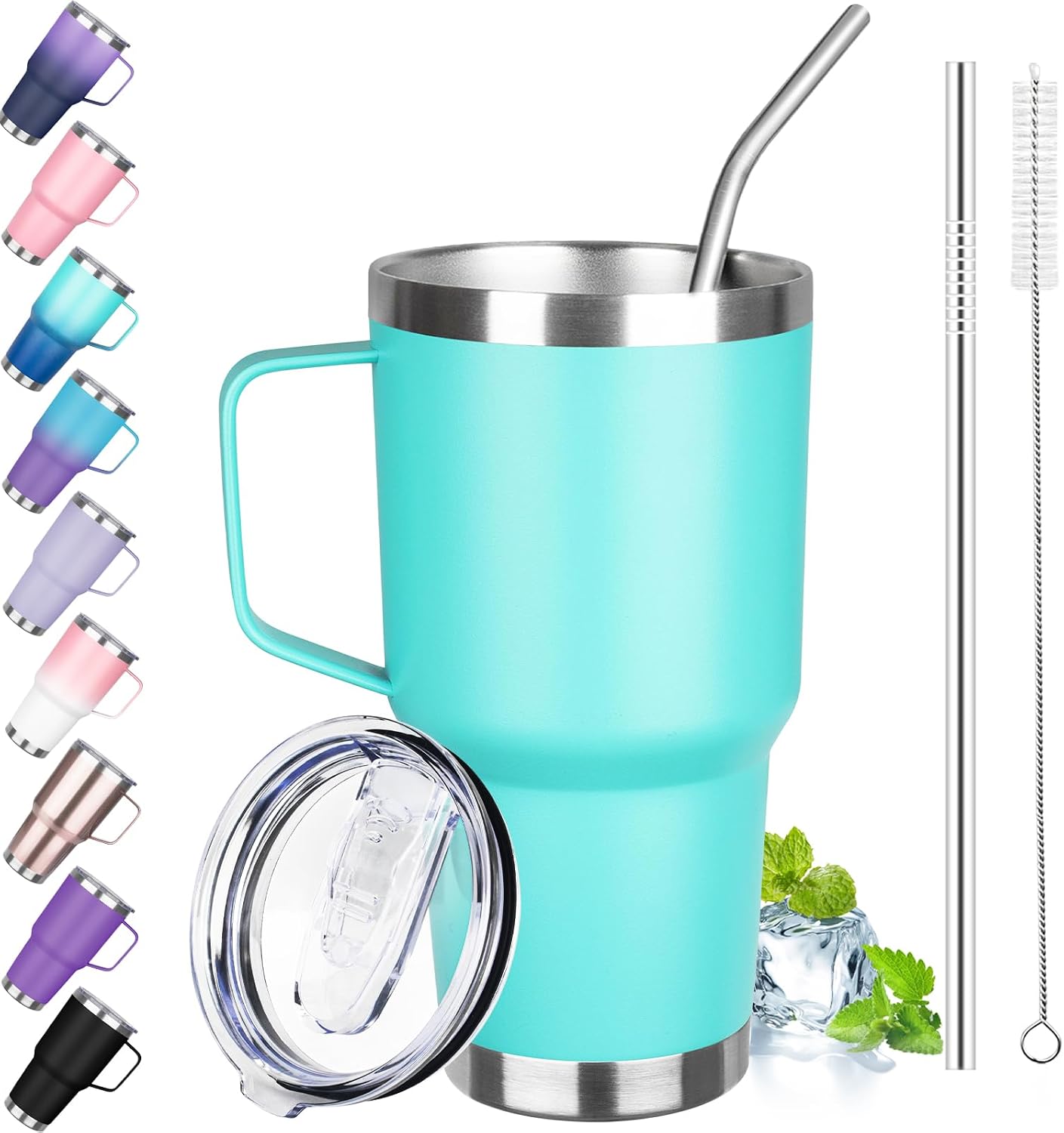 30 oz Tumbler with Handle, Stainless Steel Insulated Tumbler with Lid and Straw, Double Wall Vacuum Coffee Mug Tumbler, Insulated Coffee Thermal Cup for Cold and Hot (Fruit Green)