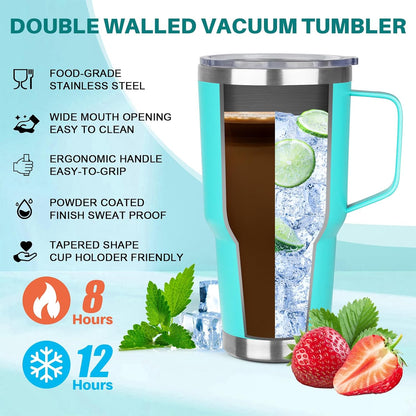 30 oz Tumbler with Handle, Stainless Steel Insulated Tumbler with Lid and Straw, Double Wall Vacuum Coffee Mug Tumbler, Insulated Coffee Thermal Cup for Cold and Hot (Fruit Green)