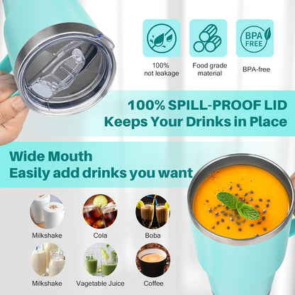 30 oz Tumbler with Handle, Stainless Steel Insulated Tumbler with Lid and Straw, Double Wall Vacuum Coffee Mug Tumbler, Insulated Coffee Thermal Cup for Cold and Hot (Fruit Green)