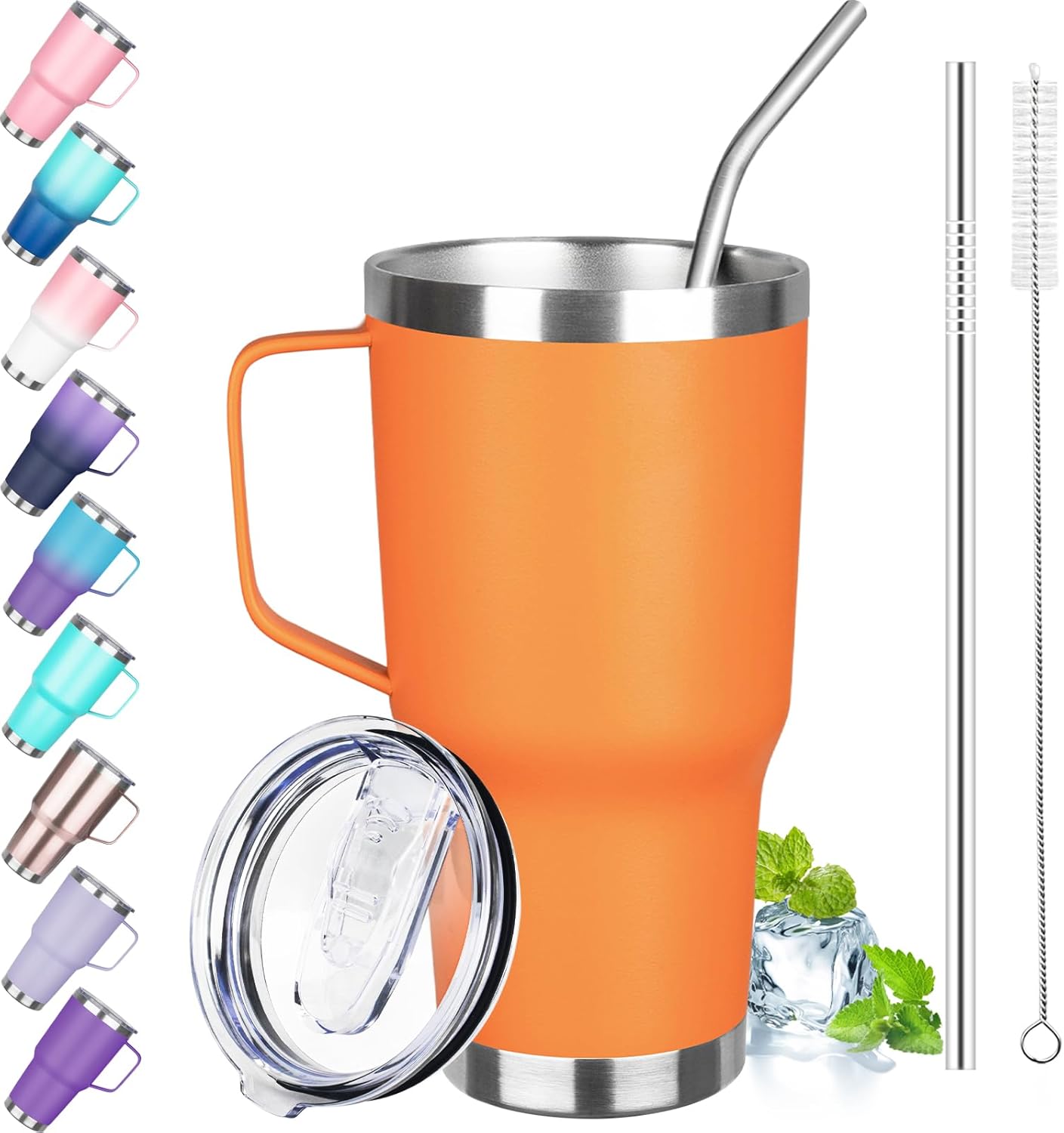 30 oz Tumbler with Handle, Stainless Steel Insulated Tumbler with Lid and Straw, Double Wall Vacuum Coffee Mug Tumbler, Insulated Coffee Thermal Cup for Cold and Hot (Fruit Green)