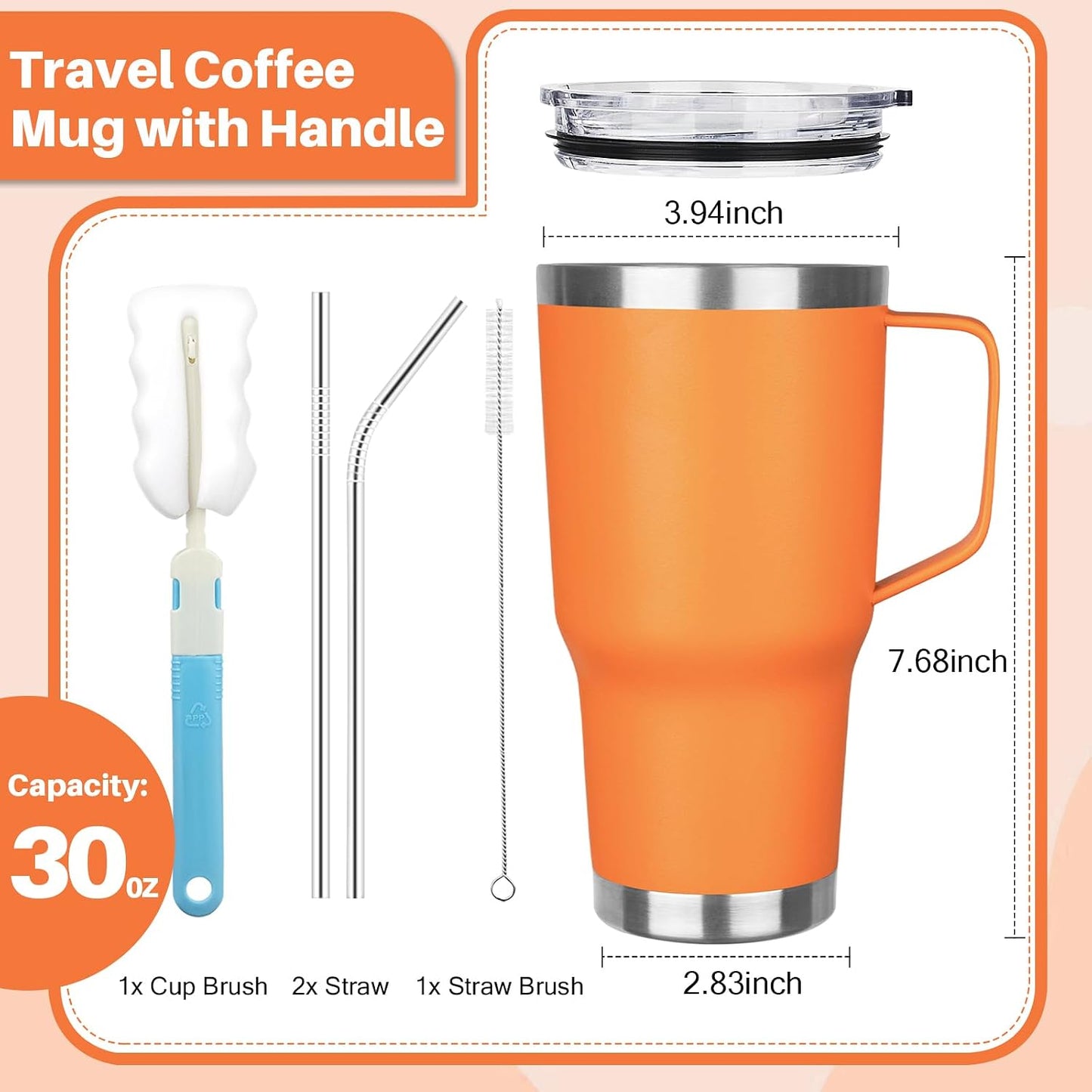 30 oz Tumbler with Handle, Stainless Steel Insulated Tumbler with Lid and Straw, Double Wall Vacuum Coffee Mug Tumbler, Insulated Coffee Thermal Cup for Cold and Hot (Fruit Green)