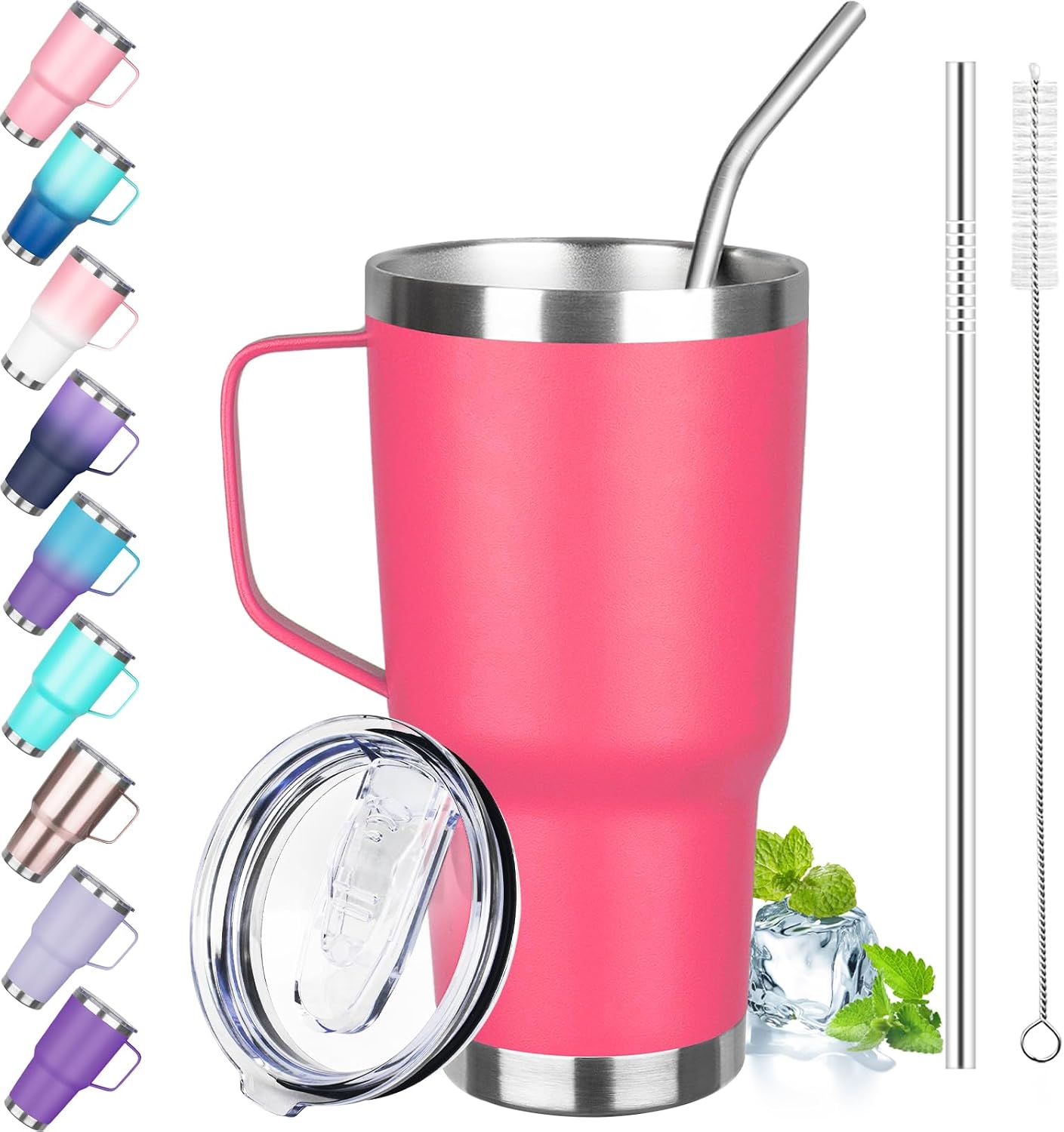 30 oz Tumbler with Handle, Stainless Steel Insulated Tumbler with Lid and Straw, Double Wall Vacuum Coffee Mug Tumbler, Insulated Coffee Thermal Cup for Cold and Hot (Fruit Green)
