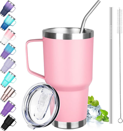 30 oz Tumbler with Handle, Stainless Steel Insulated Tumbler with Lid and Straw, Double Wall Vacuum Coffee Mug Tumbler, Insulated Coffee Thermal Cup for Cold and Hot (Fruit Green)