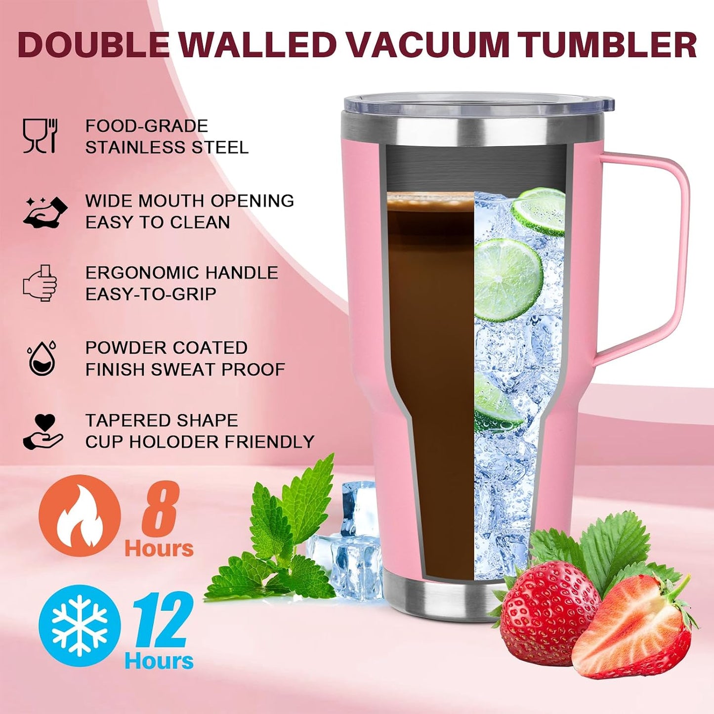 30 oz Tumbler with Handle, Stainless Steel Insulated Tumbler with Lid and Straw, Double Wall Vacuum Coffee Mug Tumbler, Insulated Coffee Thermal Cup for Cold and Hot (Fruit Green)