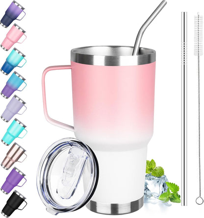 30 oz Tumbler with Handle, Stainless Steel Insulated Tumbler with Lid and Straw, Double Wall Vacuum Coffee Mug Tumbler, Insulated Coffee Thermal Cup for Cold and Hot (Fruit Green)