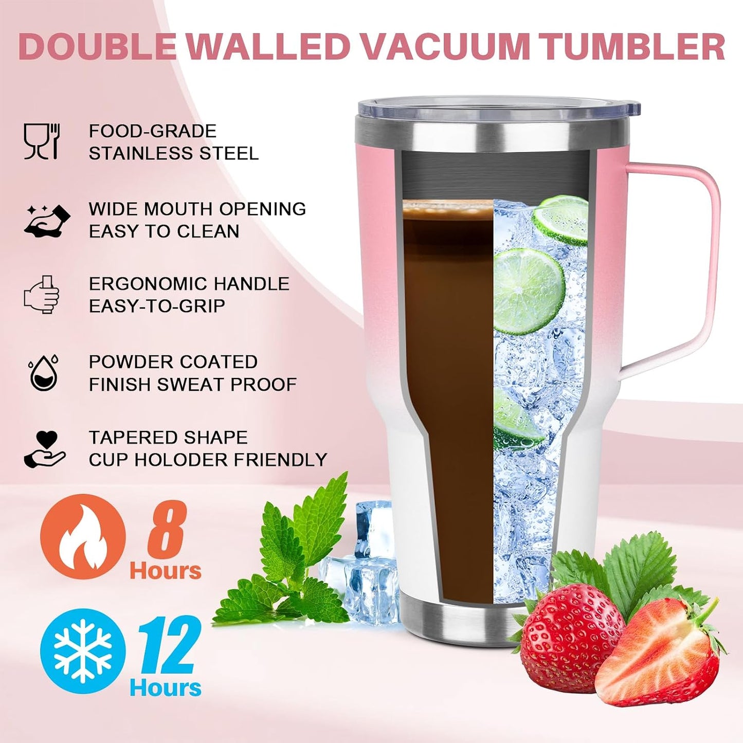 30 oz Tumbler with Handle, Stainless Steel Insulated Tumbler with Lid and Straw, Double Wall Vacuum Coffee Mug Tumbler, Insulated Coffee Thermal Cup for Cold and Hot (Fruit Green)