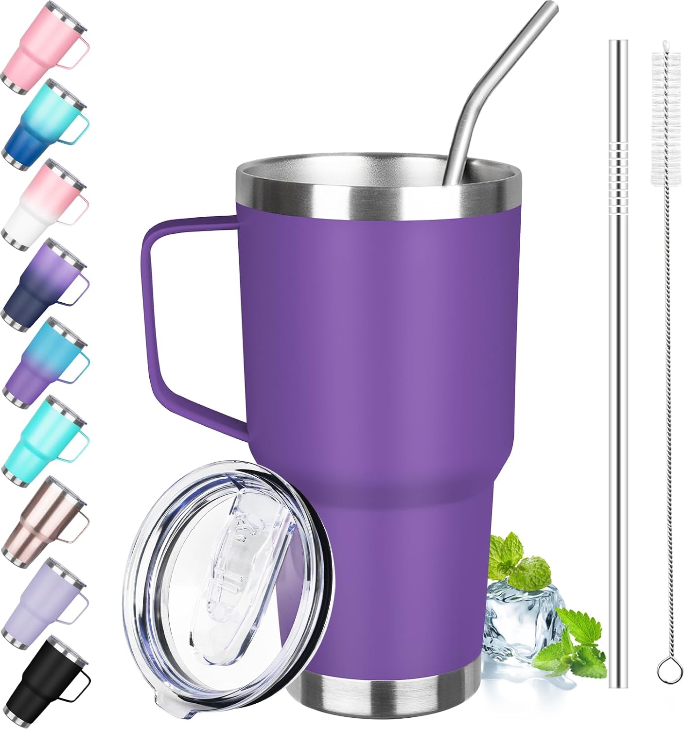 30 oz Tumbler with Handle, Stainless Steel Insulated Tumbler with Lid and Straw, Double Wall Vacuum Coffee Mug Tumbler, Insulated Coffee Thermal Cup for Cold and Hot (Fruit Green)