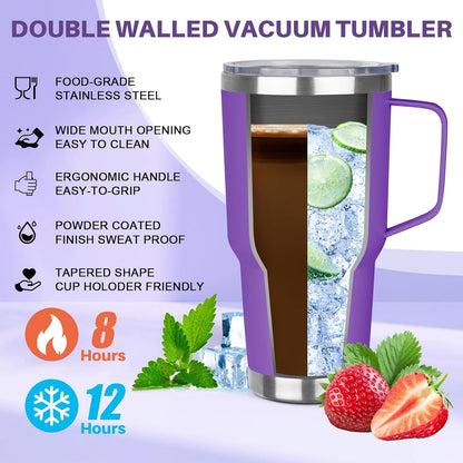 30 oz Tumbler with Handle, Stainless Steel Insulated Tumbler with Lid and Straw, Double Wall Vacuum Coffee Mug Tumbler, Insulated Coffee Thermal Cup for Cold and Hot (Fruit Green)