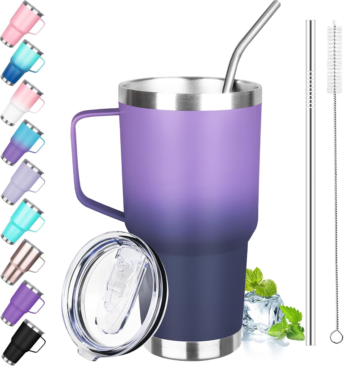 30 oz Tumbler with Handle, Stainless Steel Insulated Tumbler with Lid and Straw, Double Wall Vacuum Coffee Mug Tumbler, Insulated Coffee Thermal Cup for Cold and Hot (Fruit Green)