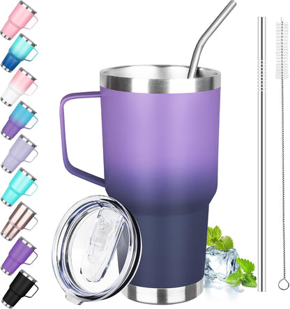 30 oz Tumbler with Handle, Stainless Steel Insulated Tumbler with Lid and Straw, Double Wall Vacuum Coffee Mug Tumbler, Insulated Coffee Thermal Cup for Cold and Hot (Fruit Green)