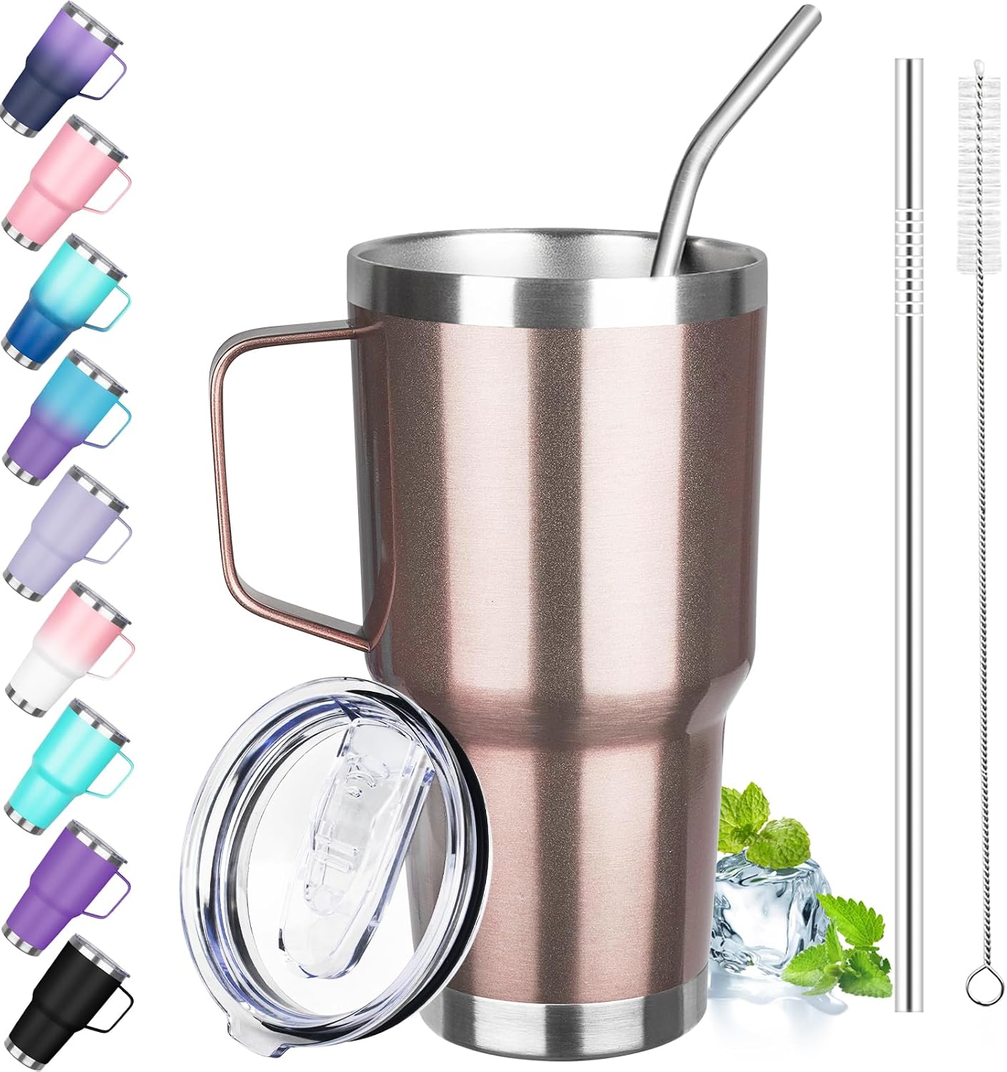 30 oz Tumbler with Handle, Stainless Steel Insulated Tumbler with Lid and Straw, Double Wall Vacuum Coffee Mug Tumbler, Insulated Coffee Thermal Cup for Cold and Hot (Fruit Green)
