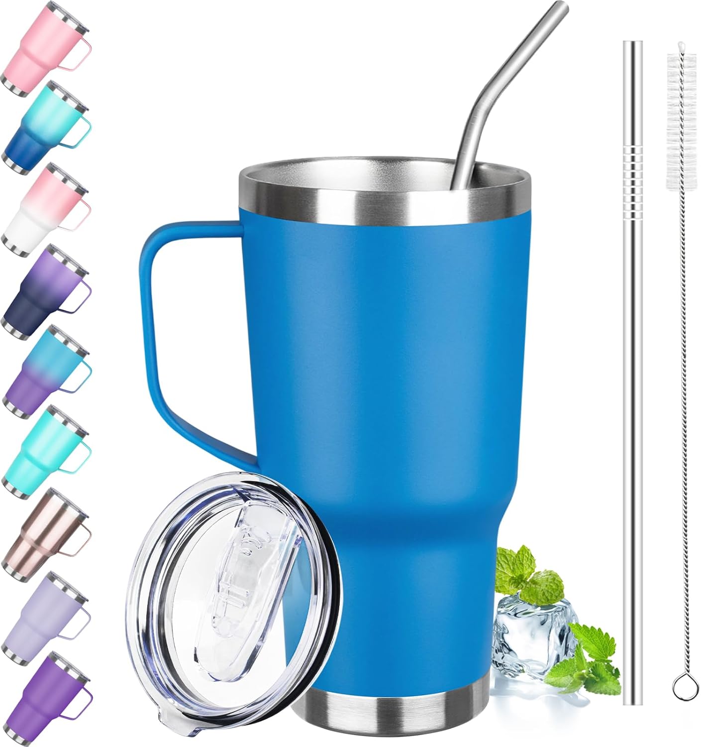 30 oz Tumbler with Handle, Stainless Steel Insulated Tumbler with Lid and Straw, Double Wall Vacuum Coffee Mug Tumbler, Insulated Coffee Thermal Cup for Cold and Hot (Fruit Green)