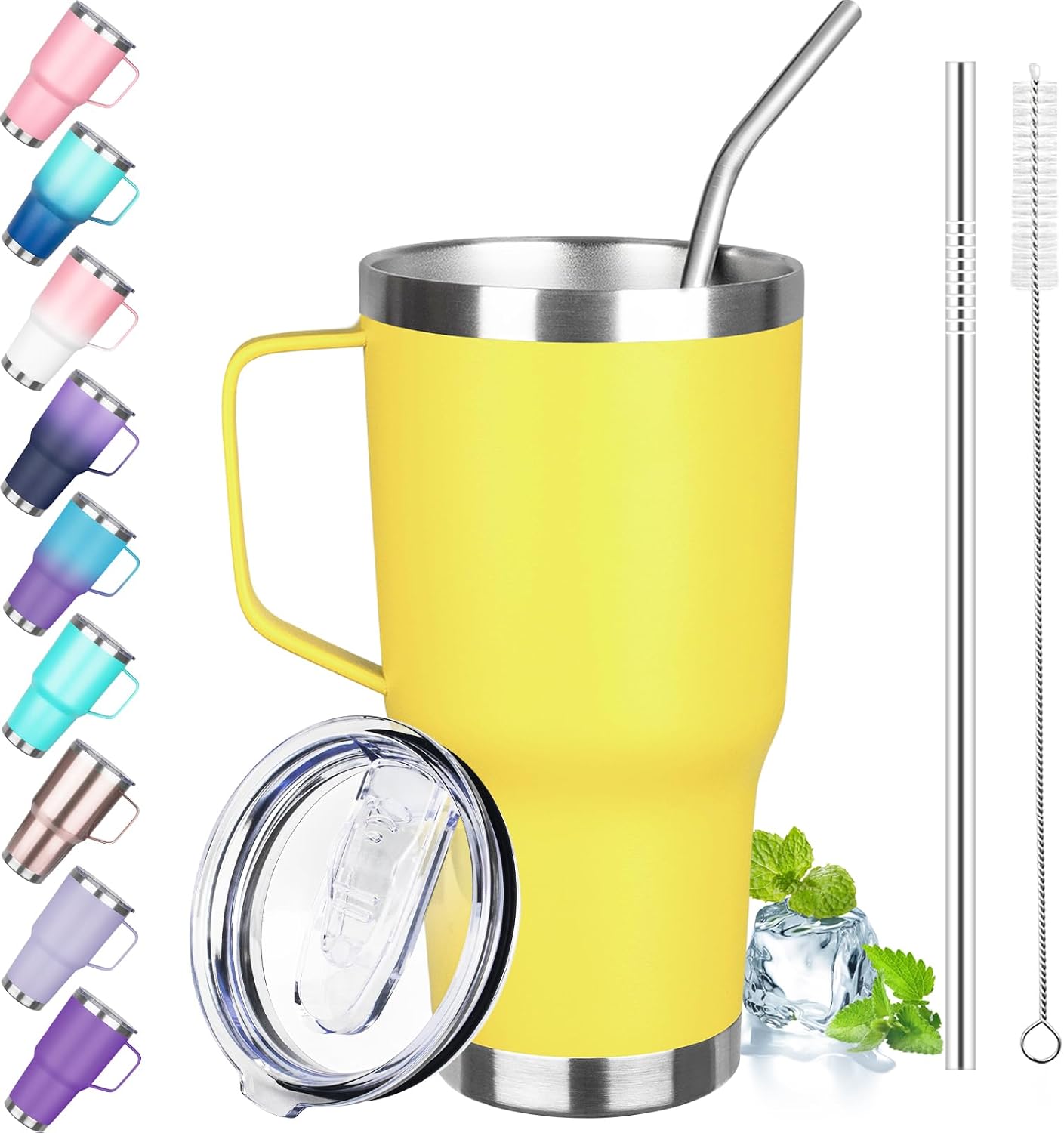 30 oz Tumbler with Handle, Stainless Steel Insulated Tumbler with Lid and Straw, Double Wall Vacuum Coffee Mug Tumbler, Insulated Coffee Thermal Cup for Cold and Hot (Fruit Green)