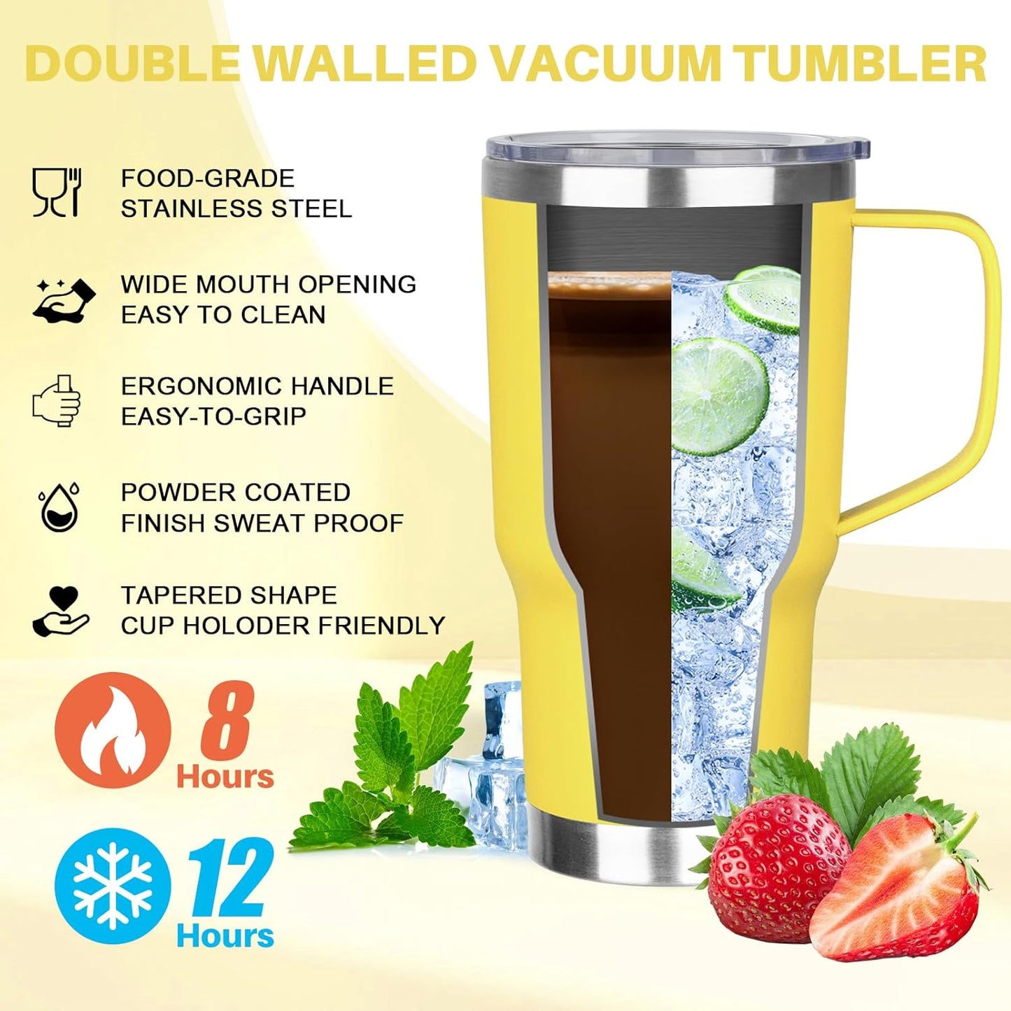 30 oz Tumbler with Handle, Stainless Steel Insulated Tumbler with Lid and Straw, Double Wall Vacuum Coffee Mug Tumbler, Insulated Coffee Thermal Cup for Cold and Hot (Fruit Green)