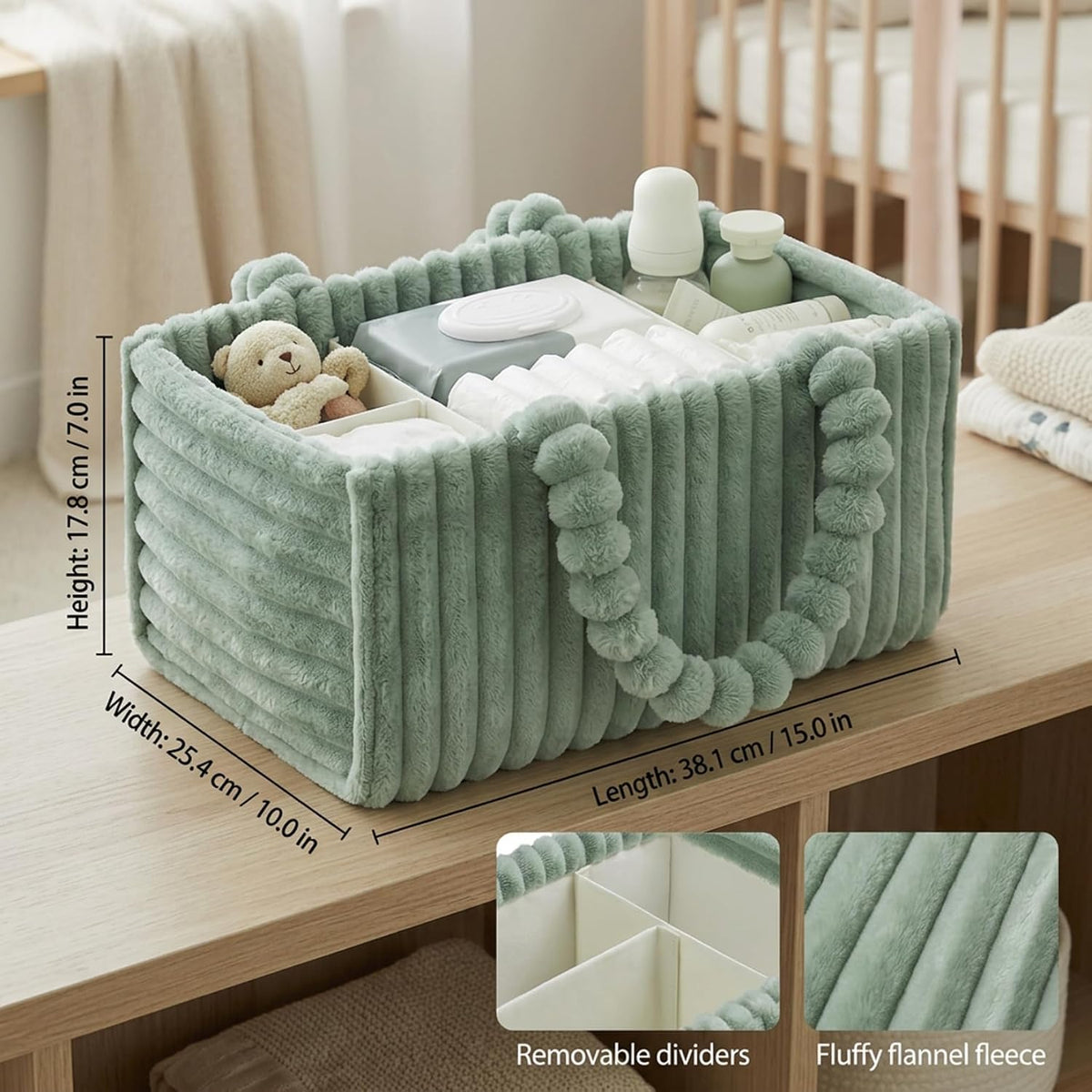 Baby Diaper Caddy, Portable Diaper Caddy with Removable Dividers, Soft Flannel Storage Bin for Baby Essentials, Toys, and Supplies, White