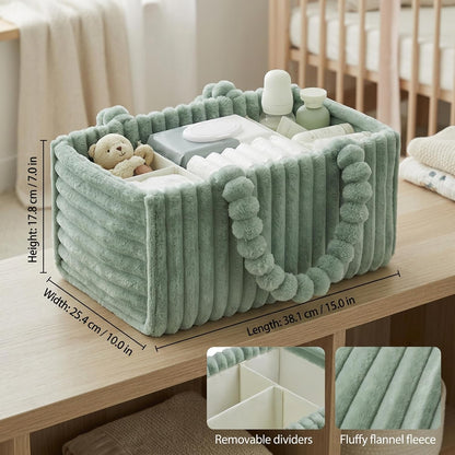 Baby Diaper Caddy, Portable Diaper Caddy with Removable Dividers, Soft Flannel Storage Bin for Baby Essentials, Toys, and Supplies, White